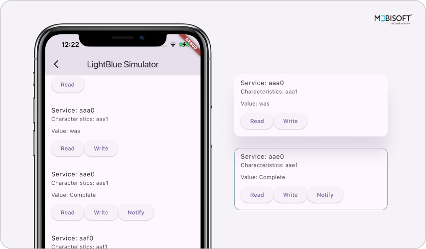 DeviceDetails Page in Flutter After BLE Operations DeviceDetails page showing read, write, and notify functionality in Flutter