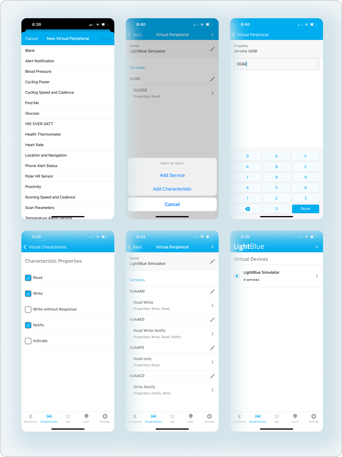 LightBlue Virtual Device in Peripheral Role Mobile app using LightBlue as a peripheral device in Flutter